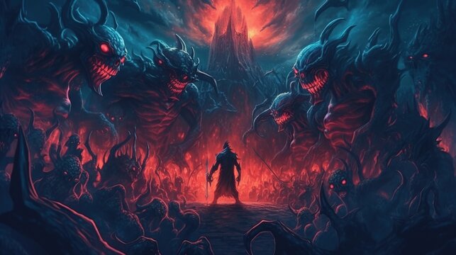 A demon summoning an army of fiends . Fantasy concept , Illustration painting. Generative Ai