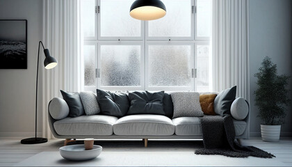 Interior of a room with a sofa, Interior of a modern living room that is cosy and bright with a sofa, Generative AI