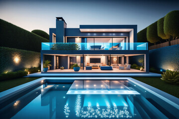 Photo generative Ai of Modern Luxury House with Garden Lamp and Blue water swimming pool