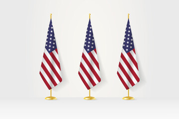 Three USA flags in a row on a golden stand, illustration of press conference and other meetings.