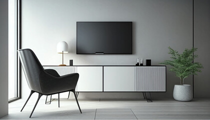 Modern living room with armchair, The TV cabinet is located on the living room's white plaster wall.