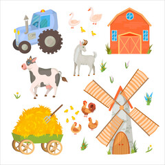 Donkey, Horse, Llama or Alpaca, Sheep, Cow, Goat and Pig. Farm animals and buildings. Mill. Barn. Cattle breeding Vector illustration isolated on white background.