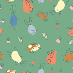 Seamless pattern with funny rabbits. Animal print. Pets. Festive decor. A pattern of simple elements. Vector illustration.