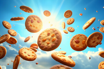 Fototapeta na wymiar Delicious crispy cookies levitate among clouds in sunshine on blue background. Sweet dreams. Generative AI