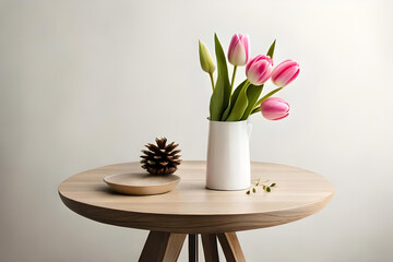 Tulip bouquet in a vase on an off-white background, with a metal minimalist candleholder as minimalist decor