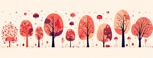 Trees and colors of autumn, in the style of cute cartoonish designs, light brown and crimson, scrapbook, vintage poster design, 

