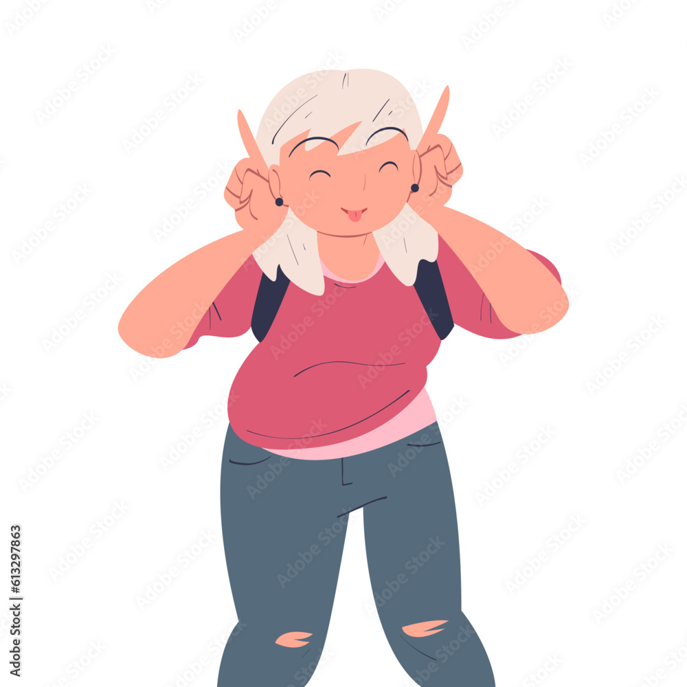 Sticker happy woman character show gesture and smiling vector illustration