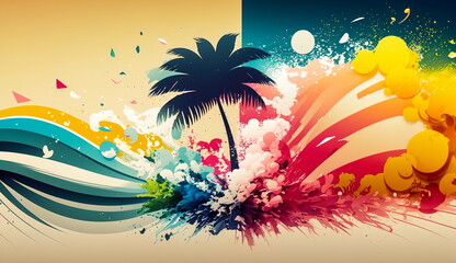 Conceptual bright background on a summer theme with palm trees, sun, waves and ocean.Generative AI