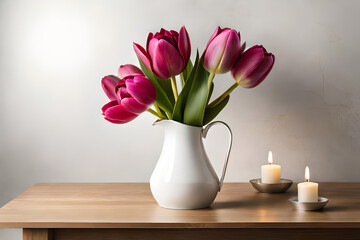 Tulip bouquet in a vase on an off-white background, with a metal minimalist candleholder as minimalist decor