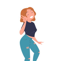 Happy Woman Character Show V Sign Gesture and Smiling Vector Illustration