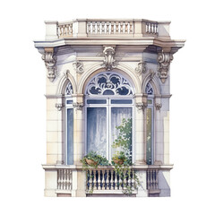 Classic arch window with balustrade railing, watercolor isolated on white or transparent background. Generative AI - obrazy, fototapety, plakaty