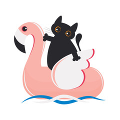 A black cartoon cat on a pink flamingo floats on the sea waves. Cute summer print isolated on white background. Vector.