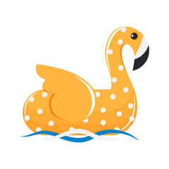 Yellow cartoon flamingo with polka dots floats on the sea waves. Inflatable circle for swimming in the pool in summer isolated on white background. Vector.
