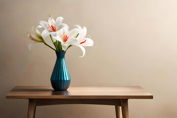 Lily vase arrangement on a beige background, with a glass minimalist vase as minimalist decor