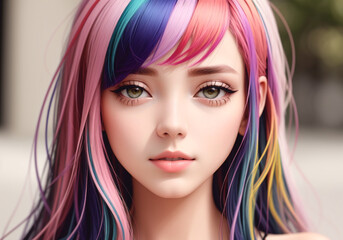 Fototapeta premium Fashion portrait of a beautiful woman with multicolored hair. Generative AI