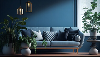 Modern living room with sofa, Interior of a cheerful living room with cushions on a couch, Generative AI