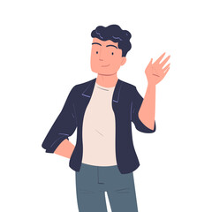 Happy Man Character Waving Hand and Smiling Vector Illustration