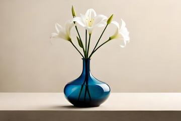 Fototapeta na wymiar Lily vase arrangement on a beige background, with a glass minimalist vase as minimalist decor