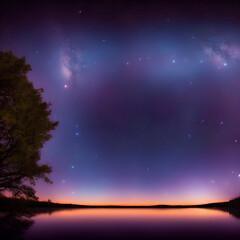 Naklejka premium A beautiful lake with trees under a starry sky with neon colors. Generative AI