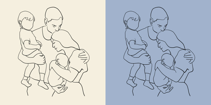 Happy family with kids line art on blue and yellow background. Parents and newborn minimal design for card template. Outline vector illustration