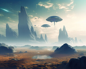 Alien Landscape with Alien Spaceships - A Generative AI Prompt