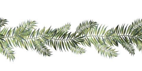 Jungle exotic composition tropical leaves seamless border pattern vintage green invitation holiday banners with palm. Watercolor hand drawn illustration isolated on white.For decor, invitation, design