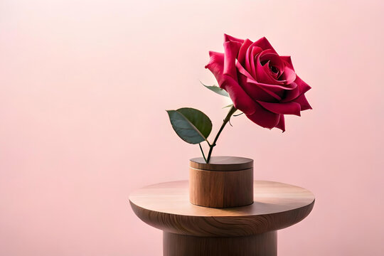 Rose (Hybrid Tea) arrangement in a vase on a light pink background, with a wooden minimalist sculpture as minimalist decor