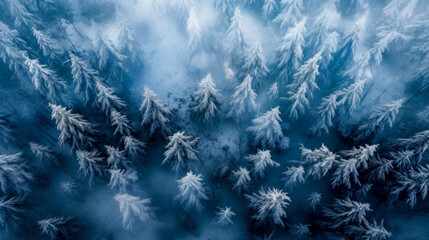 Aerial view of snow covered winter forests. Generative Ai.
