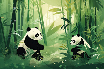 Playful Panda Cubs Climbing Trees in a Green Forest - Generative AI Vector Image