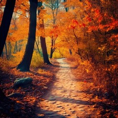 Naklejka na ściany i meble Path in the woods with autumn leaves. Generative AI
