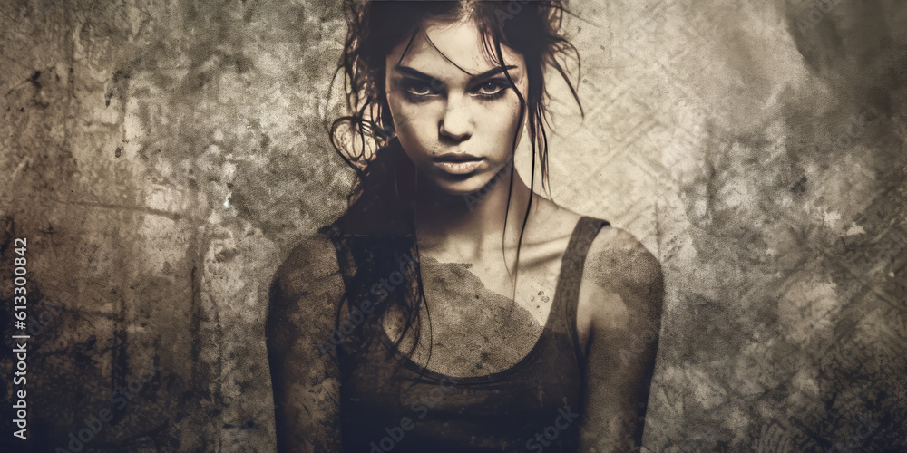 Poster a vibrant image of a person's face is overlaid with a grungy texture - generative ai