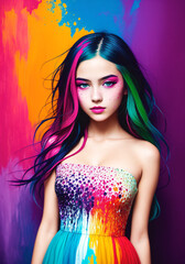 Fototapeta na wymiar Fashion portrait of a beautiful woman with multi colored hair on bright background. Generative AI.