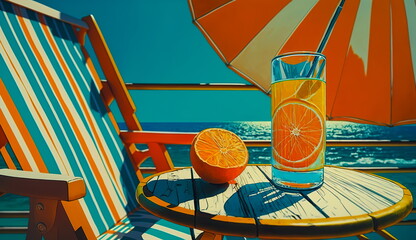Conceptual stylized image on a summer theme with a sun lounger, orange, cocktails,abstract bright shapes.Generative AI