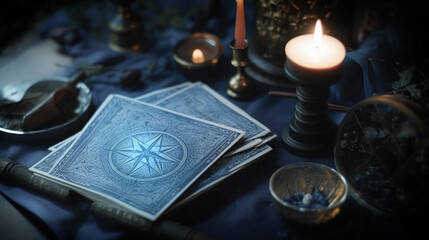 Tarot cards on fortune teller table. future reading concept. Generative AI - obrazy, fototapety, plakaty