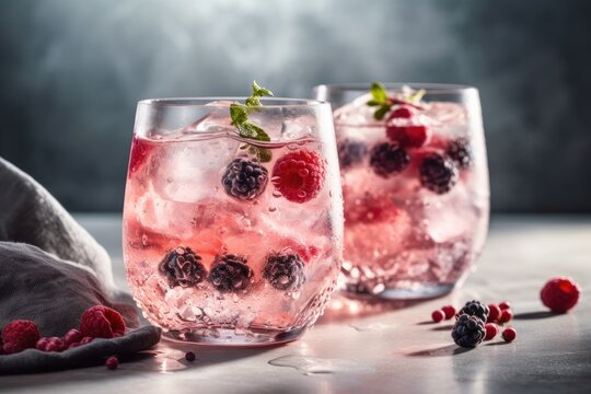 Two wildberry gin tonic beverages with frozen berry garnish in an isolated setting