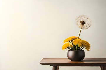 Dandelion arrangement in a vase on an off-white background, with a wooden minimalist mobile as minimalist decor