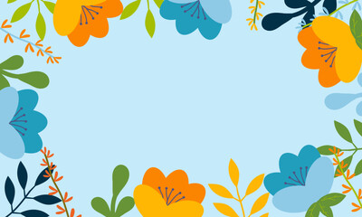 Colorful summer background - horizontal banner mockup. Tropical leaves template with flowers for poster, flyer or greeting card. Vector illustration.