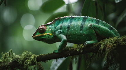 Chameleon Climbing a Tree in a Verdant Forest