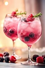 Two wildberry gin tonic beverages with frozen berry garnish in an isolated setting - obrazy, fototapety, plakaty