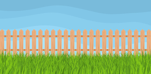 Obraz premium Green grass and fence on blue sky background. Wooden fence or Farm garden barrier in flat style. Summer landscape vector illustration