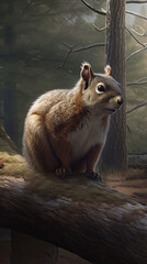 Realistic Squirrel lounging on a Tree Trunk in a Serene Landscape for Generative AI