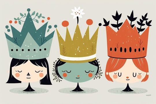 three young girls wearing crowns and smiling. Generative AI
