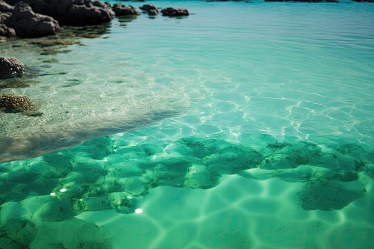 Green water in the background. Elafonisi Beach in Crete, Greece. Generative AI