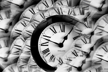 A clock face kaleidoscope abstract in black and white