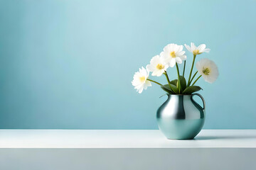 Primrose vase arrangement on a light blue background, with a metal minimalist sculpture as minimalist decor