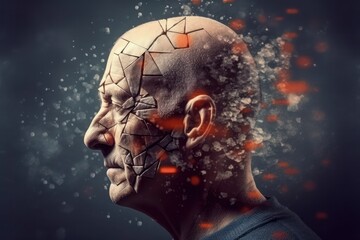 Jigsaw pieces shaped as senior man head with blurred orange and beige spots on dark grey background