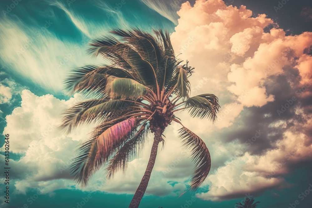 Poster abstract palm tree in a tropical setting with a cloudy sky. theme of summer vacation and outdoor fun
