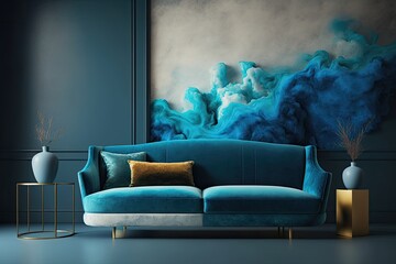 cozy living room with a blue couch and a colorful painting on the wall. Generative AI