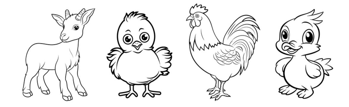 Farm animals - cute Goat, Chicken, Rooster and Duck, simple thick lines kids or children cartoon coloring book pages. Clean drawing can be vectorized to illustration easily. Generative AI
