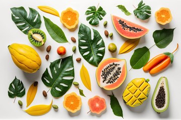 a variety of fresh, raw, tropical fruits and berries throughout the summer. Clean eating, healthy lifestyle, diet and vitamin concept. Top view flatlay white table background. Generative AI